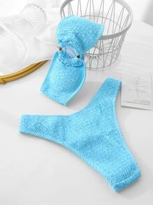 SHEIN Swim Summer Beach Smocked Ring Linked Bandeau Bikini - Baby Blue - View 2