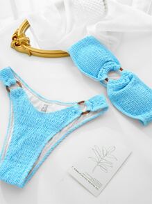 SHEIN Swim Summer Beach Smocked Ring Linked Bandeau Bikini - Baby Blue - View 3