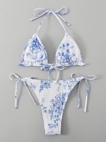 SHEIN Swim Summer Beach Random Floral Print Smocked Tie Side Bikini - Blue and White - View 7