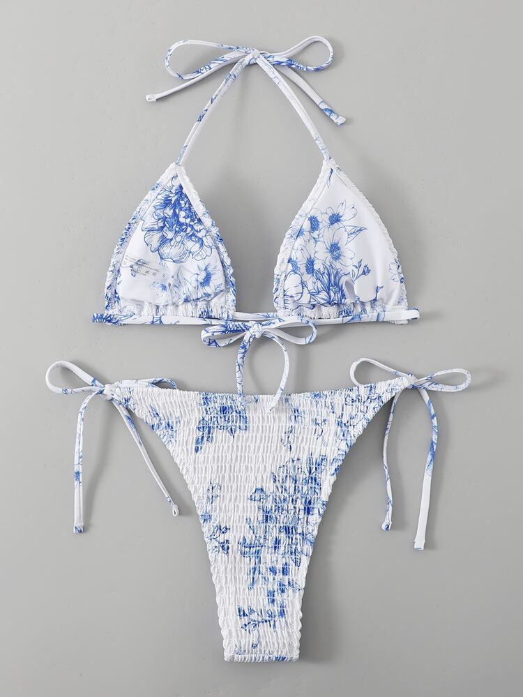 Summer Beach Random Floral Print Smocked Tie Side Bikini