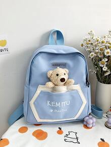 Girls Letter Patch Decor Bear Decor Classic Backpack - Blue - View 2