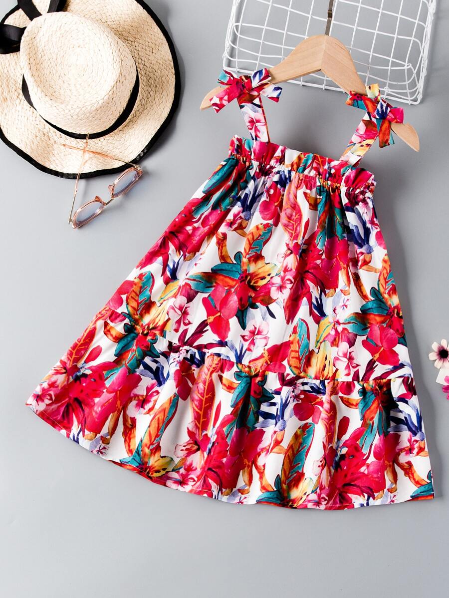 SHEIN Young Girl Floral Print Ruffle Trim Tie Shoulder Cami Dress Summer Holiday - Multicolor - View 1