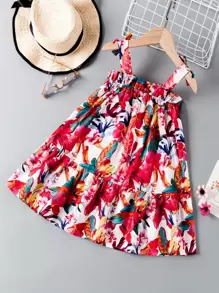 SHEIN Young Girl Floral Print Ruffle Trim Tie Shoulder Cami Dress Summer Holiday - Multicolor - View 2
