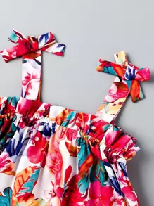 SHEIN Young Girl Floral Print Ruffle Trim Tie Shoulder Cami Dress Summer Holiday - Multicolor - View 3