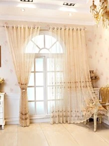 花卉刺繡單片透視窗簾 - 杏色 - 查看 3