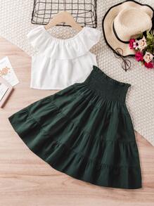 Toddler Girls Ruffle Trim Top & Shirred Flounce Hem Skirt - Multicolor - View 1