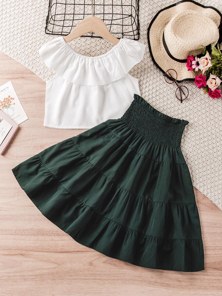 Toddler Girls Ruffle Trim Top & Shirred Flounce Hem Skirt - Multicolor - View 1