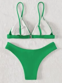 SHEIN Swim 素色比基尼套裝三角形文胸和高衩下裝2入組泳衣 - 綠色 - 查看 2