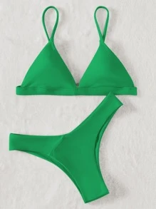 SHEIN Swim 素色比基尼套裝三角形文胸和高衩下裝2入組泳衣 - 綠色 - 查看 3