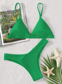 SHEIN Swim 素色比基尼套裝三角形文胸和高衩下裝2入組泳衣 - 綠色 - 查看 4