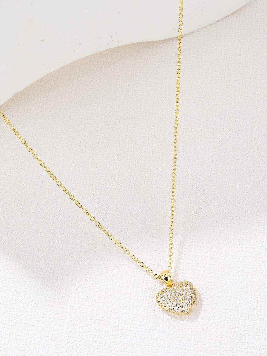 Rhinestone Heart Pendant Necklace - Yellow Gold - View 1