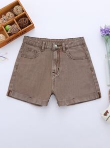 SHEIN 青少年女孩素色口袋貼布牛仔短褲 - 摩卡棕 - 查看 1