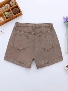 SHEIN 青少年女孩素色口袋貼布牛仔短褲 - 摩卡棕 - 查看 2