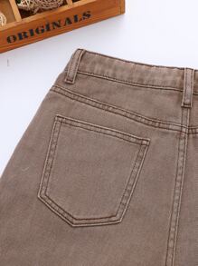 SHEIN 青少年女孩素色口袋貼布牛仔短褲 - 摩卡棕 - 查看 5