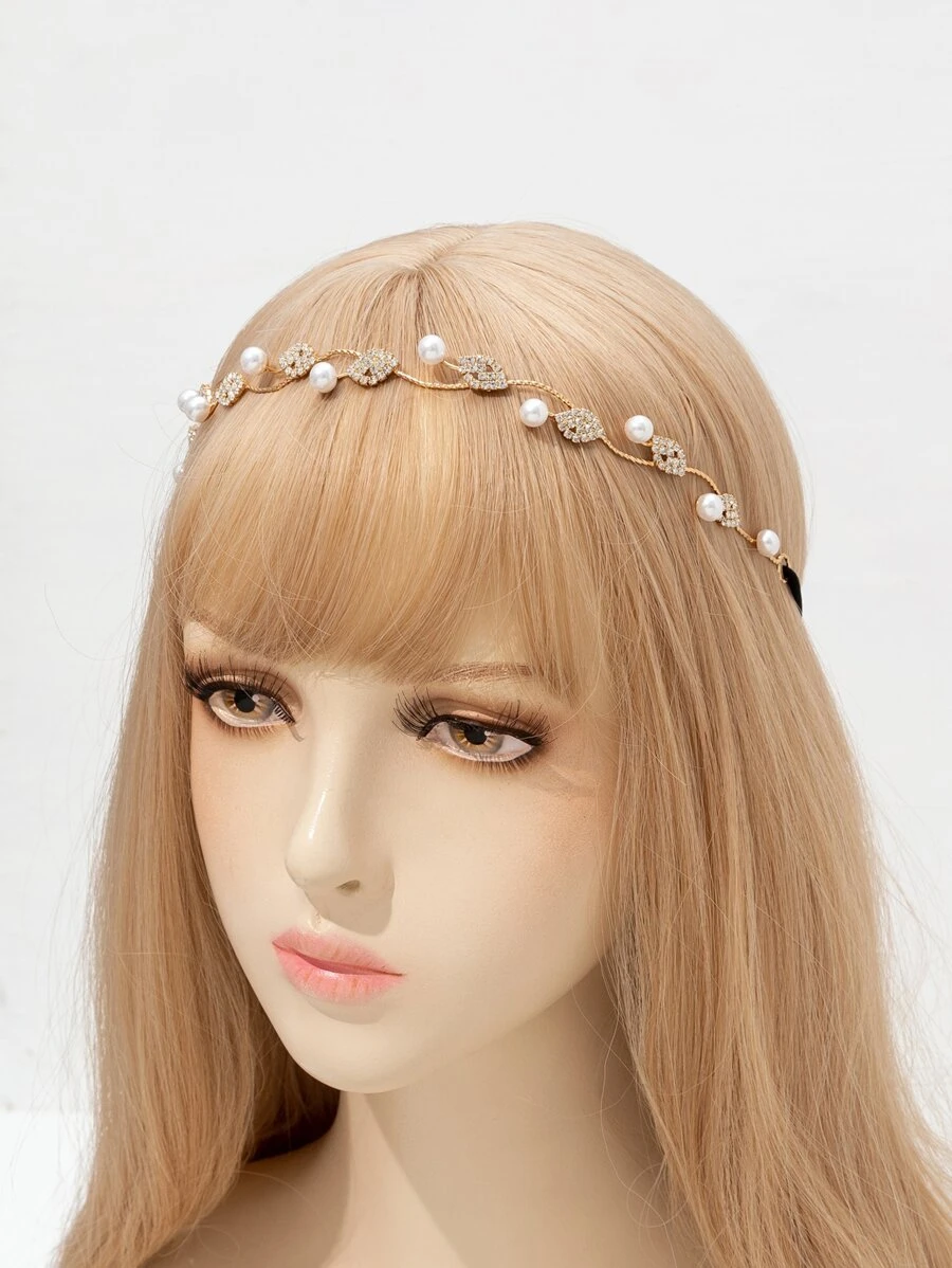 Faux Pearl & Rhinestone Decor Hair Band - Gold - View 1