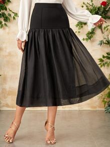 Modelyn High Waist Mesh Overlay Skirt - Black - View 4