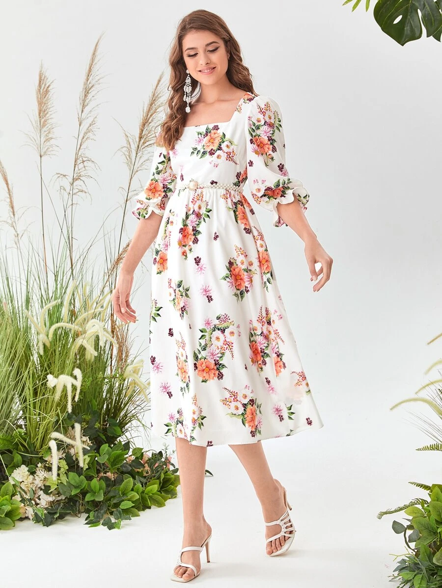 Modelyn 1入組印花泡泡袖連衣裙不附腰帶 - 彩色 - 查看 1