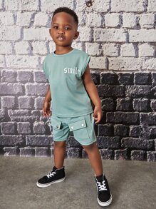 SHEIN Chàng trai trẻ Đồ họa Chữ cái Áo ba lỗ & Túi có nắp Quần short - Màu xanh Bạc hà - Xem 1