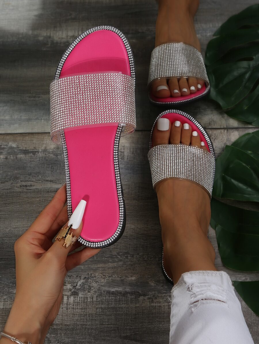 Sandalias con detalle de diamantes de imitación para mujer, sandalias planas glamorosas - Rosa - Ver 1