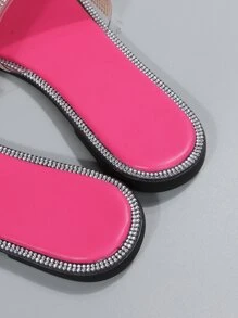 Sandalias con detalle de diamantes de imitación para mujer, sandalias planas glamorosas - Rosa - Ver 4
