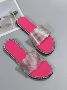 Sandalias con detalle de diamantes de imitación para mujer, sandalias planas glamorosas - Rosa - Ver 5