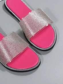 Sandalias con detalle de diamantes de imitación para mujer, sandalias planas glamorosas - Rosa - Ver 6