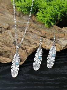 3入組/套波西米亞綠松石色細節羽毛裝飾首飾套裝適用於女士適用於禮品 - 復古銀色 - 查看 1