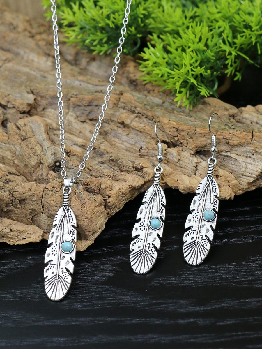 3入組/套波西米亞綠松石色細節羽毛裝飾首飾套裝適用於女士適用於禮品 - 復古銀色 - 查看 1