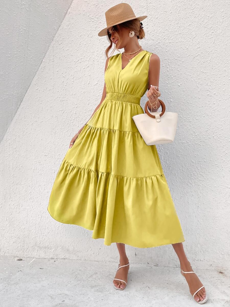 SHEIN VCAY Shirred Tie Back Ruffle Hem Dress - Yellow - View 1