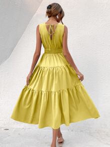 SHEIN VCAY Shirred Tie Back Ruffle Hem Dress - Yellow - View 2