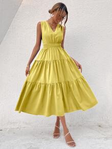 SHEIN VCAY Shirred Tie Back Ruffle Hem Dress - Yellow - View 4