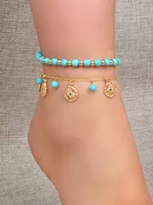 2 件装绿松石珠饰花朵吊饰脚链 情人节、妈妈、母亲、母亲节、礼物 - 金黃色 - 查看 1