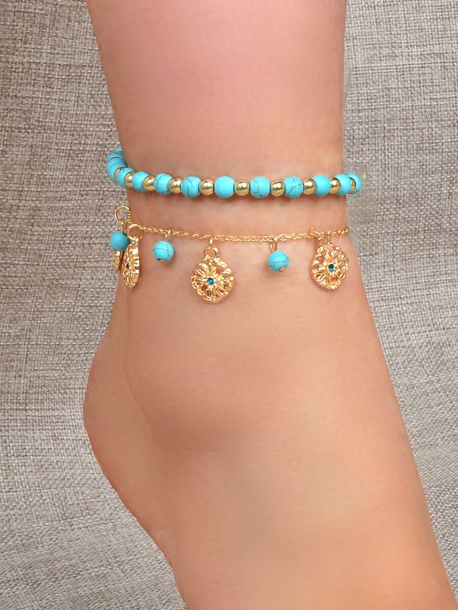 2 件装绿松石珠饰花朵吊饰脚链 情人节、妈妈、母亲、母亲节、礼物 - 金黃色 - 查看 1