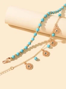 2 件装绿松石珠饰花朵吊饰脚链 情人节、妈妈、母亲、母亲节、礼物 - 金黃色 - 查看 2