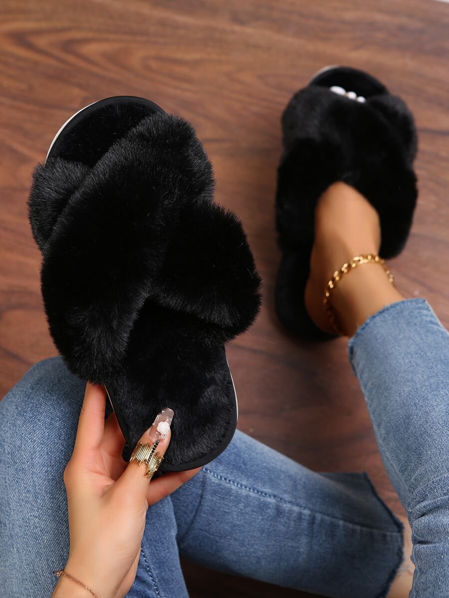 Fall/Winter Women's Fashionable Black Solid Color Bedroom Slippers With Cross Straps,Furry Shoes