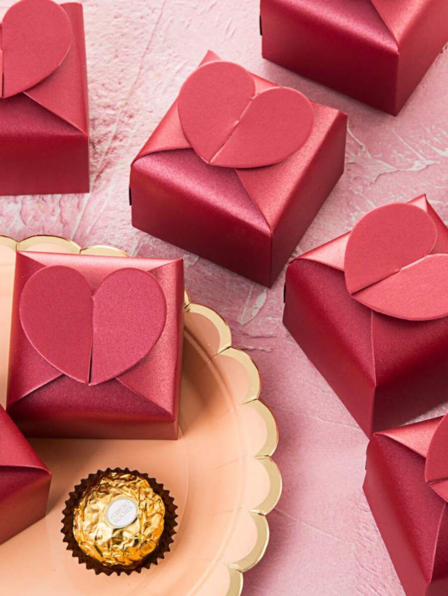 10pcs/set Heart Design Candy Packaging Box, Modern Red Candy Chocolate Wrapping Box For Wedding - Burgundy - View 1