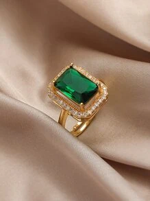 1pc Rhinestone Detail Geometric Decor Ring Copper Jewelry - Multicolor - View 1