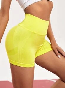 Neon Yellow Scrunch Butt Seamless Sports Shorts - Yellow - View 4