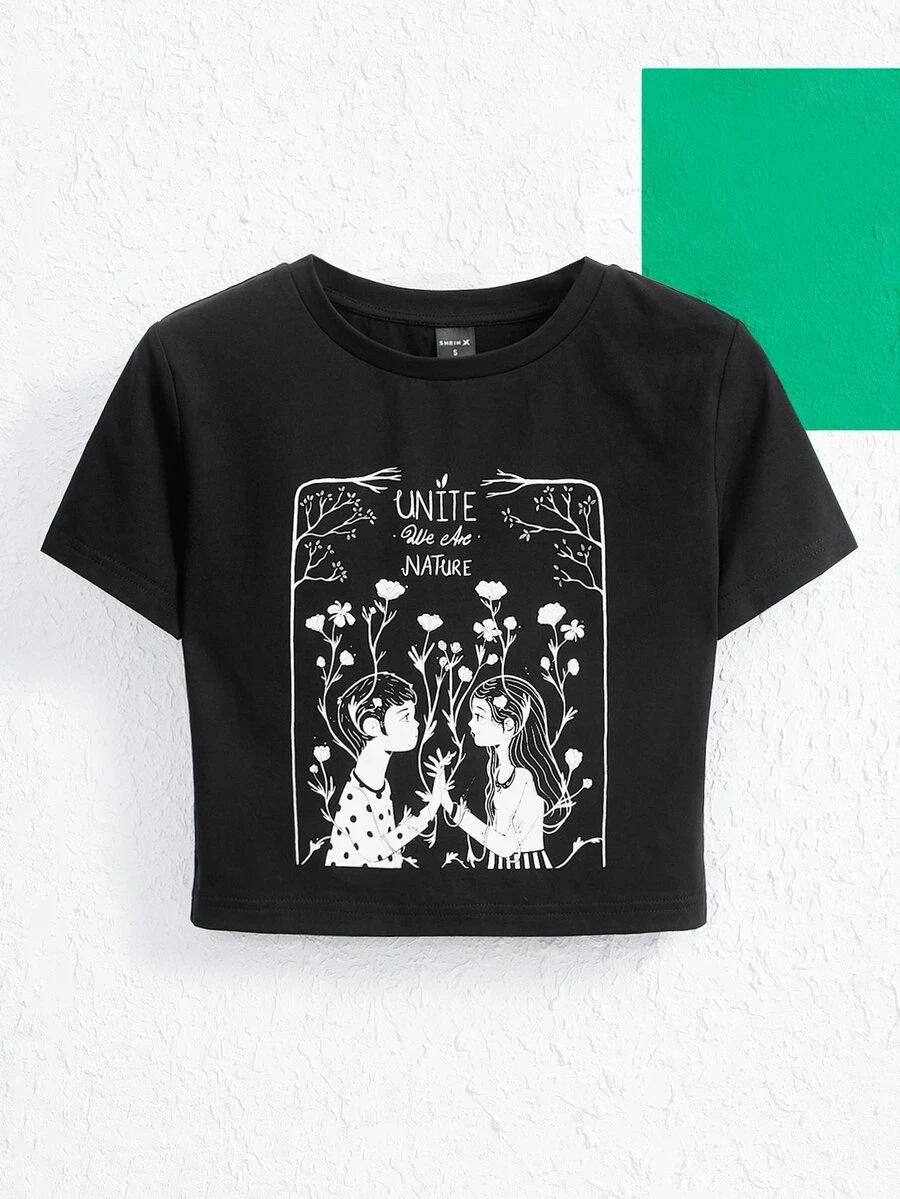 Elenig Figure & Floral Print Tee - Black - View 1
