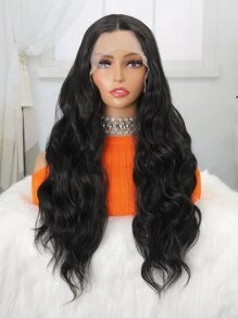 13*4*1小波浪T部分假髮合成纖維頭髮自然黑色無膠蕾絲假髮預先拔毛 - 黑色 - 查看 2