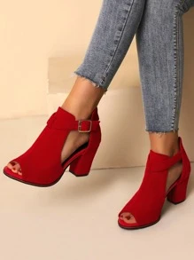 Fall/Winter 2025 Buckle Detail Chunky Heeled Sandal Boots, Red Fashionable Cutout Design, Buckled Solid Color Sandals Boots - Red - View 4