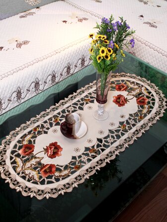 Floral Embroidered Hollow Out Tablecloth, Cottagecore Table Decoration Mat, For Dining Room