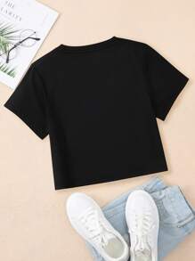SHEIN EZwear Heart & Leopard Print Crop Tee - Black - View 2