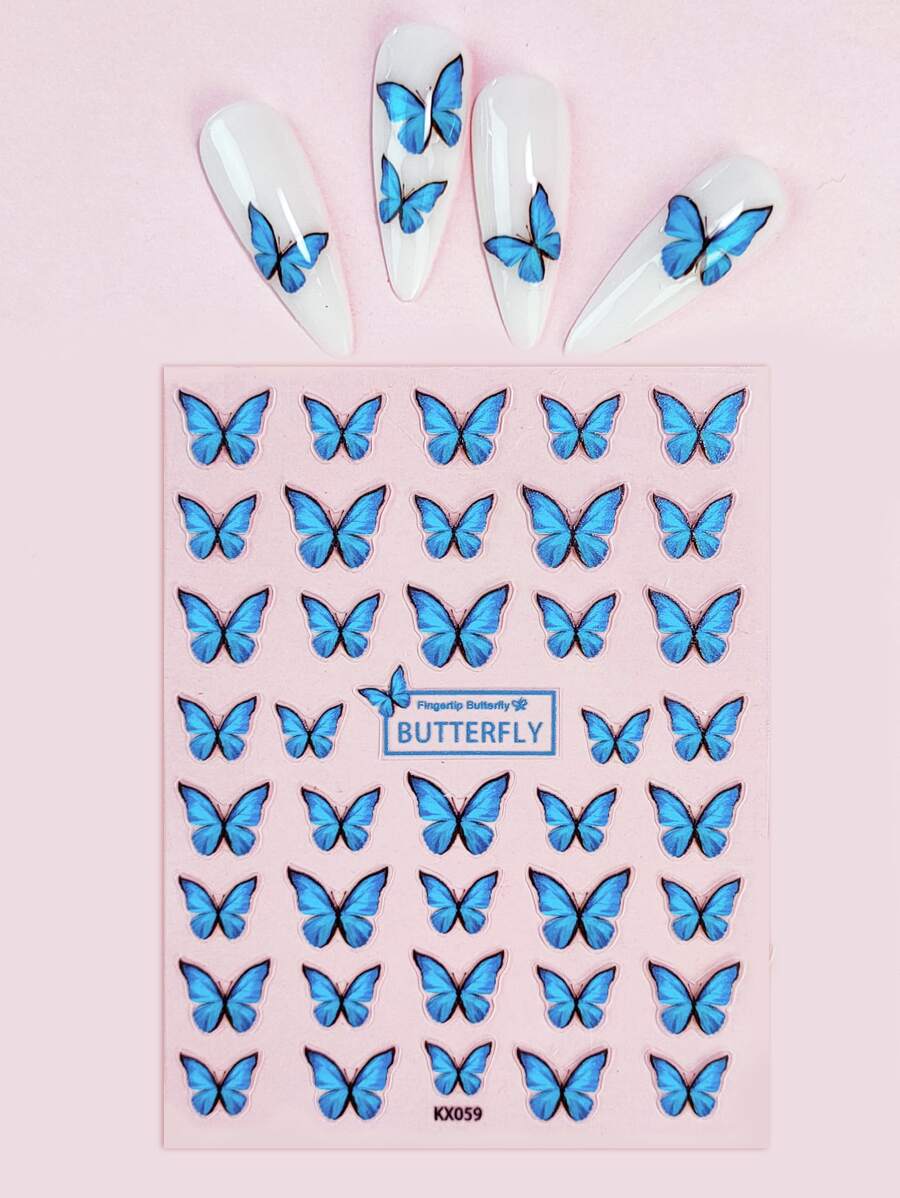 1sheet Butterfly Print Nail Art Sticker Y2K-Style Nail Art Decals Nail Stickers DIY - Blue - View 1