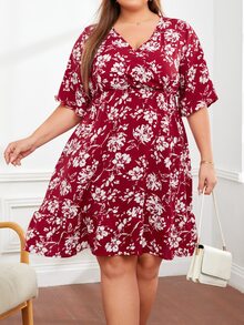 Plus Floral Butterfly Sleeve Surplice Neck Ruffle Hem Dress - Red - View 4