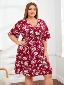 Plus Floral Butterfly Sleeve Surplice Neck Ruffle Hem Dress - Red - View 3