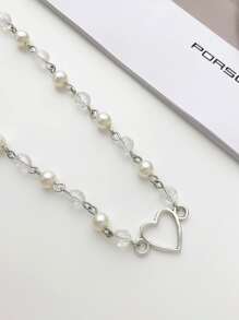 珠子和人造珍珠裝飾的心形魅力項鍊 - 銀色 - 查看 3