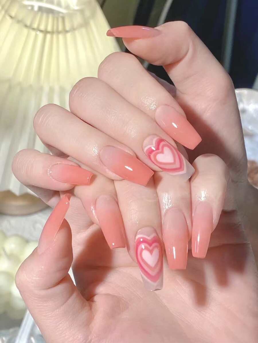 Instantly Upgrade Your Look with 24pcs Long Coffin Carol Pink Ombre Heart Fake Nail & 1pc Nail File & 1sheet Tape - Multicolor - View 1