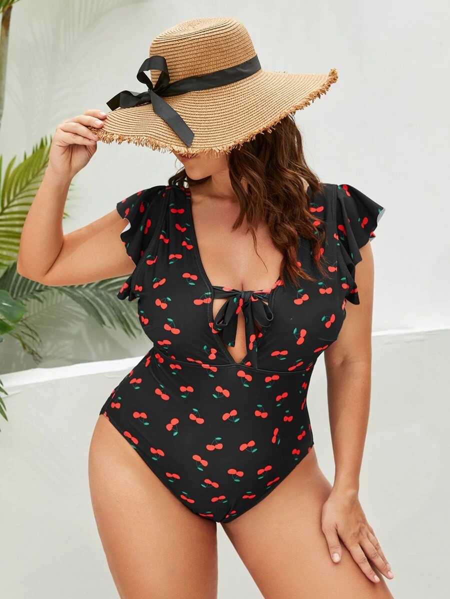 SHEIN Swim Curve Plus Cherry Print Tie Front Flutter Sleeve One Piece Swimsuit - Multicolor - View 1