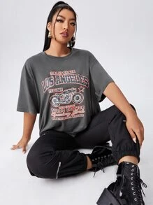 大碼摩托車和字母圖案落肩袖T恤 - 深灰色 - 查看 1